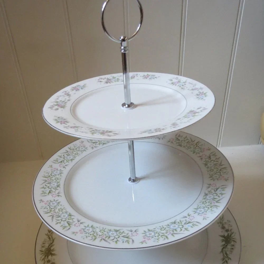 Dessert Stand Pastry Tiered Cupcake Holder Vintage Plates China Wedding Upcycled - Picture 1 of 7